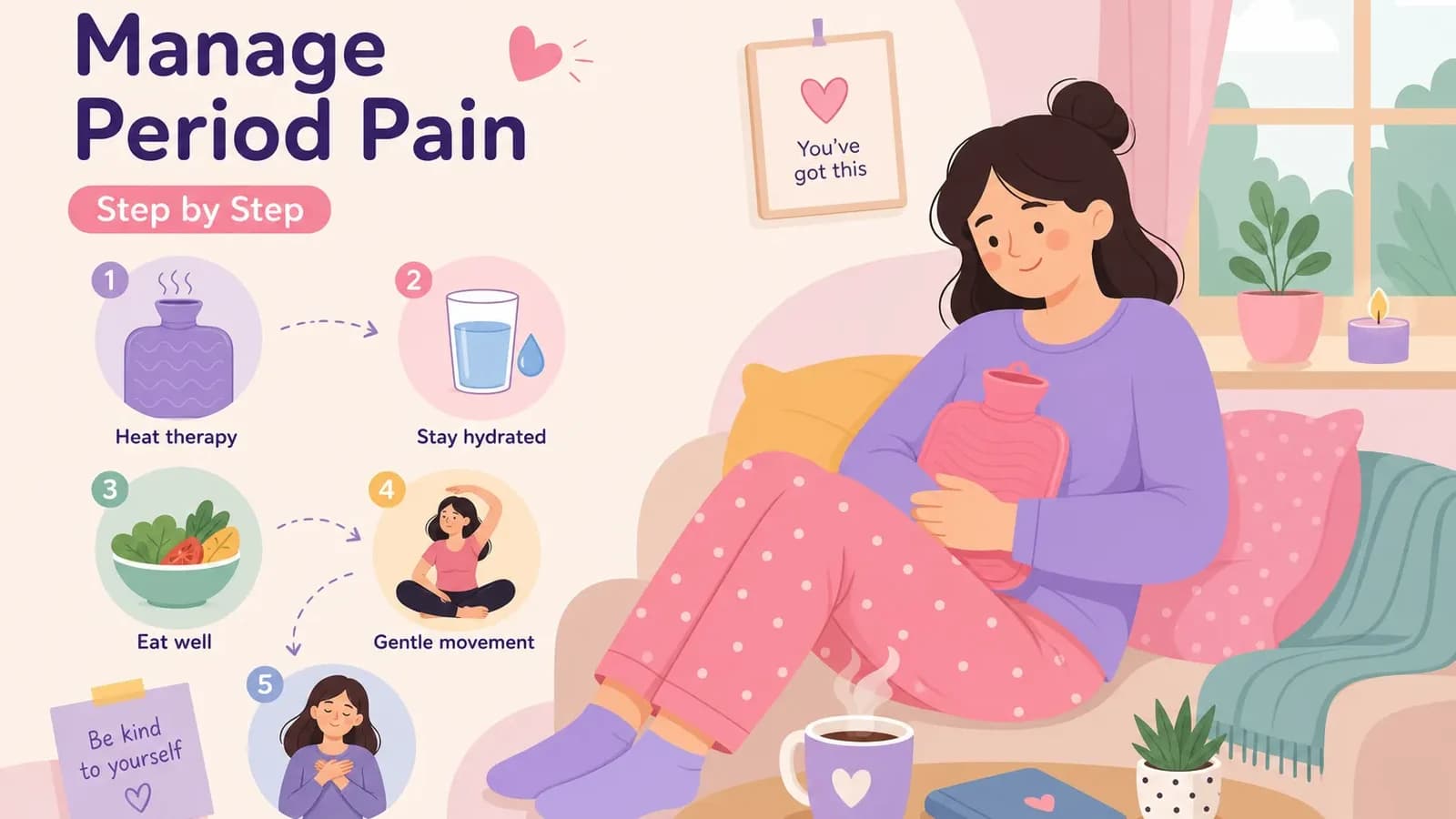 Illustration of a woman resting on a sofa with a hot-water bottle, next to five comfort steps
